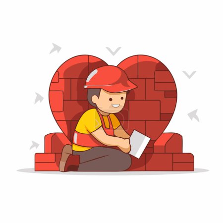Illustration for Worker in helmet sitting on the floor with a laptop. Flat style vector illustration. - Royalty Free Image