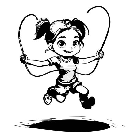 Kleines Mädchen springt mit Springseil. Schwarz-weiße Vektorabbildung.