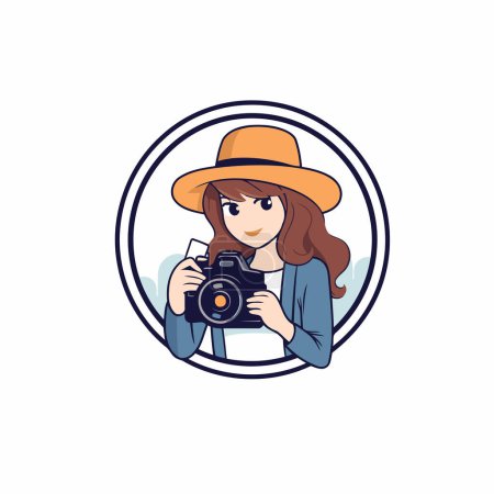 Téléchargez les illustrations : Illustration vectorielle d'une fille dans un chapeau avec un appareil photo dans ses mains. - en licence libre de droit