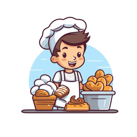 Ilustración de Lindo chef de dibujos animados con una cesta de pan. Ilustración vectorial. - Imagen libre de derechos