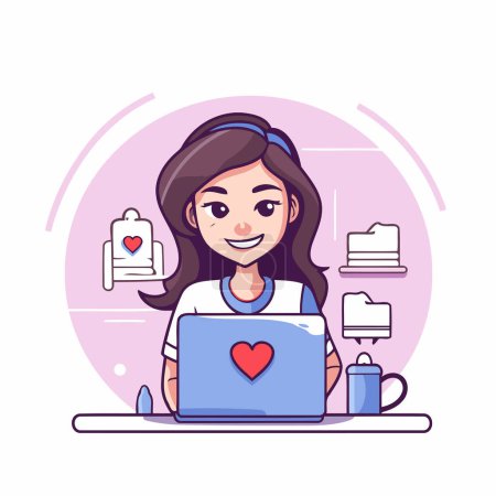 Illustration for Girl with laptop and heart. Vector illustration in a flat style. - Royalty Free Image