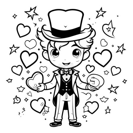 Illustration for Black and White Cartoon Illustration of Cute Leprechaun Boy Character with Love Hearts for Coloring Book - Royalty Free Image