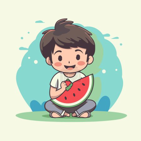 Téléchargez les illustrations : Joli petit garçon qui mange de la pastèque. Illustration vectorielle dans le style dessin animé - en licence libre de droit