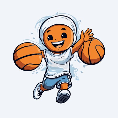 Téléchargez les illustrations : Joli garçon jouant au basket. Illustration vectorielle d'un personnage de dessin animé. - en licence libre de droit