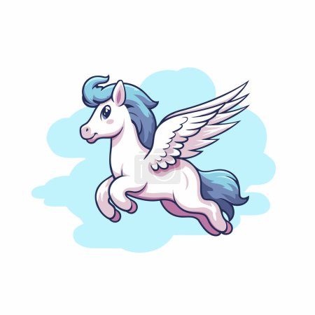 Téléchargez les illustrations : Mignon dessin animé licorne avec des ailes volantes dans le ciel. Illustration vectorielle - en licence libre de droit