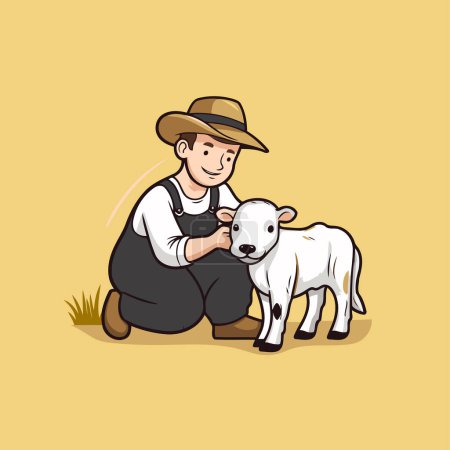 Téléchargez les illustrations : Illustration d'un fermier et de son petit agneau sur fond jaune - en licence libre de droit