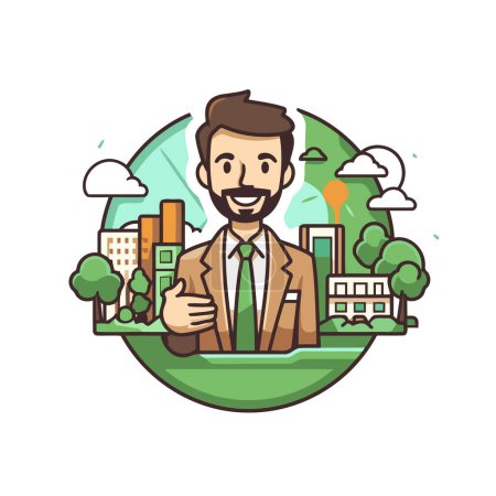 Illustration for Businessman with thumb up on city background. Vector illustration in flat style. - Royalty Free Image
