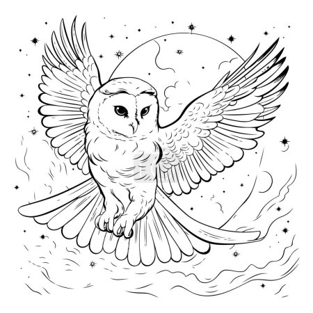 Téléchargez les illustrations : Hibou volant dans le ciel nocturne. Illustration vectorielle en noir et blanc. - en licence libre de droit