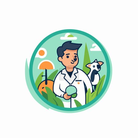 Téléchargez les illustrations : Illustration vectorielle d'un jeune vétérinaire tenant une pomme verte à la main. - en licence libre de droit