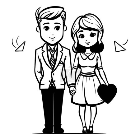 Illustration for Cute cartoon couple in love. Vector illustration. Black and white. - Royalty Free Image