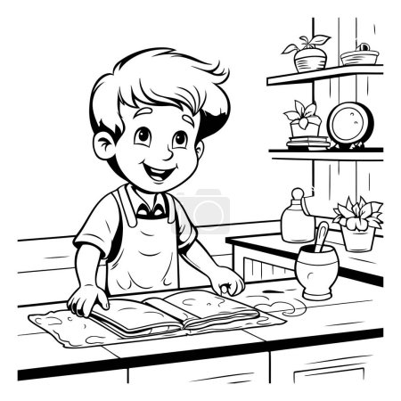 Illustration for Black and White Cartoon Illustration of Kid Boy Learning to Cook in the Kitchen - Royalty Free Image