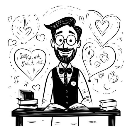 Ilustración de Ilustración vectorial de un profesor con libros y corazones en el fondo. - Imagen libre de derechos