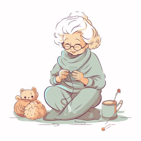Ilustración de Mujer vieja tejiendo con agujas de punto y oso de peluche. Ilustración vectorial. - Imagen libre de derechos