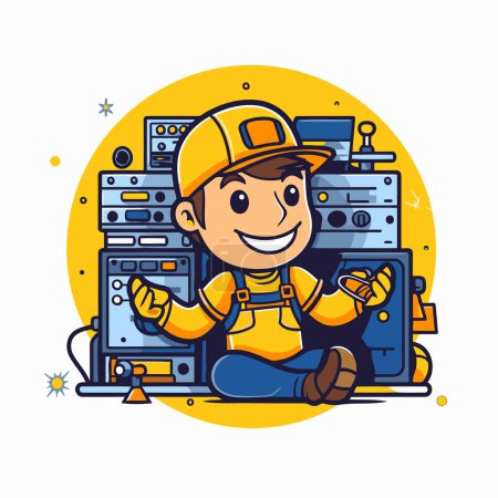Illustration for Repairman working in server room. Vector illustration in cartoon style. - Royalty Free Image