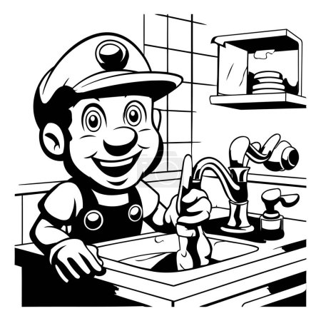 Téléchargez les illustrations : Cartoon Plombier dans la cuisine - Illustration en noir et blanc. Vecteur - en licence libre de droit