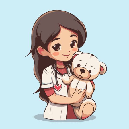 Téléchargez les illustrations : Illustration vectorielle d'une jolie fille tenant un ours en peluche dans ses bras - en licence libre de droit