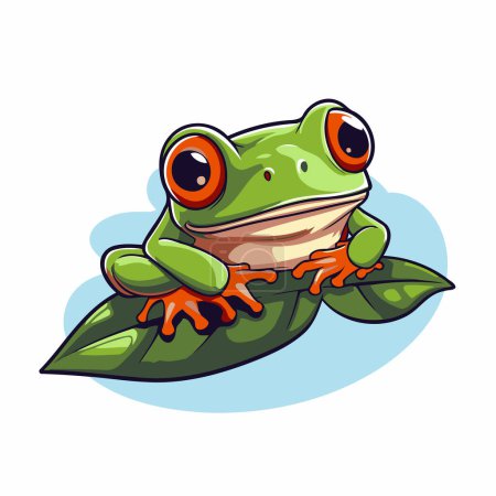 Frog on leaf isolated on white background. Vector cartoon illustration.