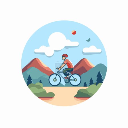 Téléchargez les illustrations : Cycliste en vélo dans les montagnes. illustration vectorielle plate - en licence libre de droit