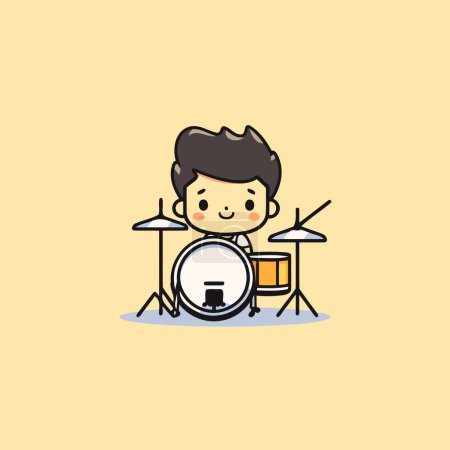 Ilustración de Lindo chico tocando la batería. Ilustración vectorial. Aislado sobre fondo amarillo. - Imagen libre de derechos