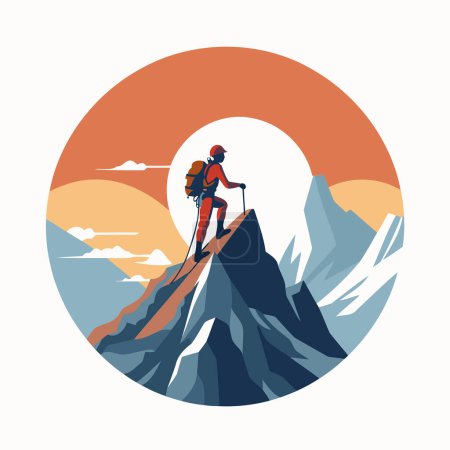 Illustration for Hiker on the top of mountain. Vector illustration in flat style. - Royalty Free Image