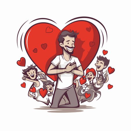 Illustration for Vector cartoon illustration of a man holding a heart with his family in the background. - Royalty Free Image