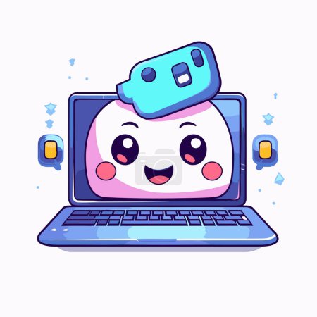 Illustration for Laptop with cute cartoon character. Vector illustration. Flat design. - Royalty Free Image