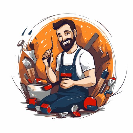 Illustration for Handyman with tools. Hand drawn vector illustration in cartoon style. - Royalty Free Image
