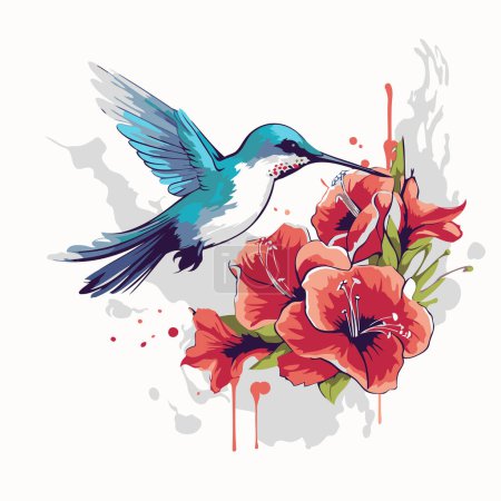 Téléchargez les illustrations : Colibri avec des fleurs rouges sur fond grunge. Illustration vectorielle. - en licence libre de droit