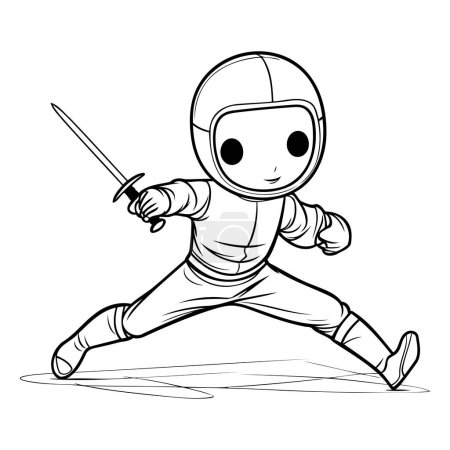 Fencer with sword and helmet. Cartoon style. Vector illustration.