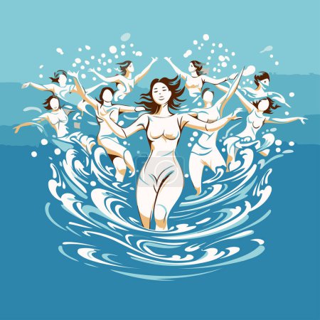 Téléchargez les illustrations : Groupe de personnes dansant dans l'eau. Illustration vectorielle pour votre design - en licence libre de droit