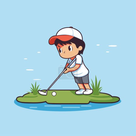 Lindo chico jugando golf en el campo de golf. Ilustración vectorial.