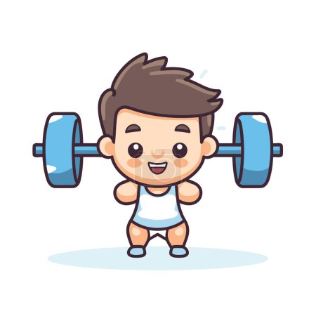 Illustration for Cute little boy lifting barbell. Vector cartoon character illustration. - Royalty Free Image