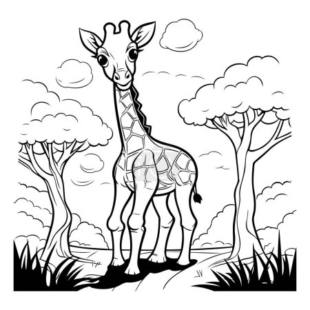 Illustration for Giraffe in the savanna. Black and white vector illustration. - Royalty Free Image