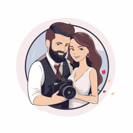 Illustration for Photographer and bride with camera. Vector illustration in retro style. - Royalty Free Image
