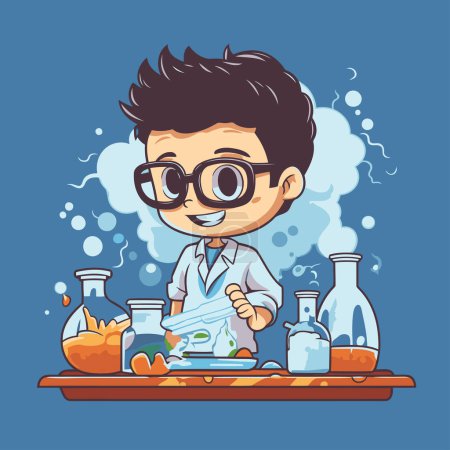 Illustration for Scientist boy working in the laboratory. Vector cartoon character illustration. - Royalty Free Image
