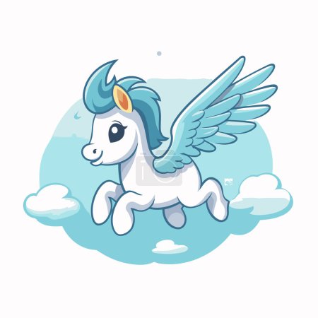 Ilustración de Lindo unicornio de dibujos animados volando en el cielo. Ilustración vectorial sobre fondo blanco. - Imagen libre de derechos