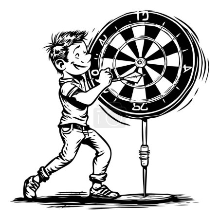 Boy playing darts. Black and white engraving. Vector illustration.