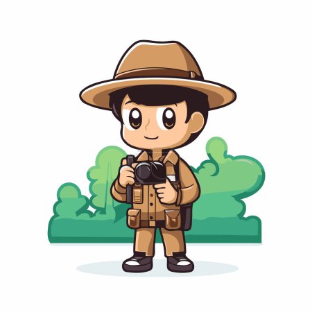 Illustration for Explorer boy with camera in park. Cute cartoon vector illustration. - Royalty Free Image