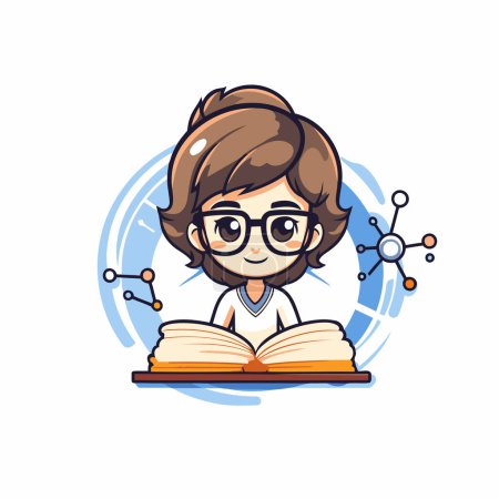 Ilustración de Ilustración vectorial de una niña con gafas leyendo un libro sobre un fondo blanco - Imagen libre de derechos