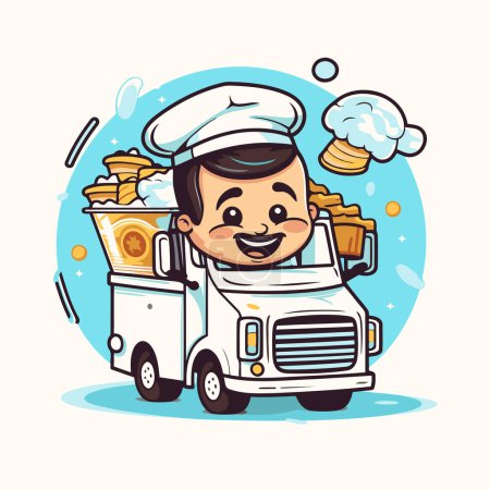 Téléchargez les illustrations : Chef de bande dessinée avec camion de nourriture. Illustration vectorielle dans le style dessin animé. - en licence libre de droit