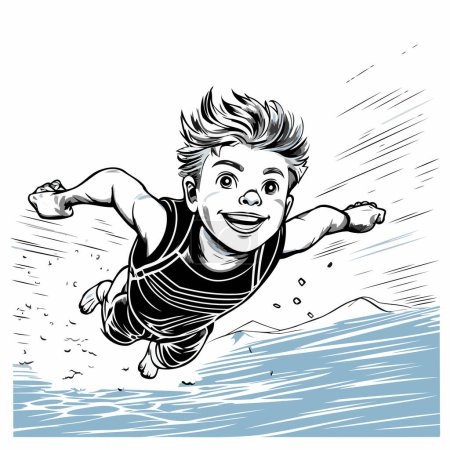 Illustration for Vector illustration of a young boy jumping on the water. Black and white version. - Royalty Free Image