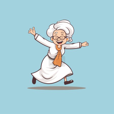 Ilustración de Mujer anciana bailando y sonriendo personaje de dibujos animados. Ilustración vectorial. - Imagen libre de derechos
