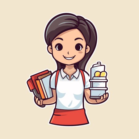 Illustration for Schoolgirl holding a bottle of water and books. Vector illustration. - Royalty Free Image