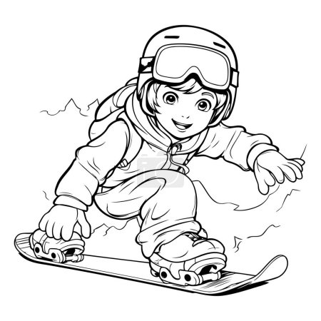 Téléchargez les illustrations : Snowboarder boy. Illustration vectorielle noir et blanc pour livre à colorier. - en licence libre de droit