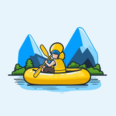 Illustration for Man in kayak on the lake. Flat style vector illustration. - Royalty Free Image