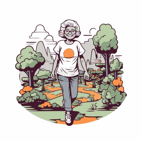 Illustration for Elderly woman jogging in the park. Vector illustration. - Royalty Free Image