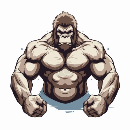 Téléchargez les illustrations : Illustration vectorielle d'un bodybuilder gorille fort avec de gros muscles sur fond blanc isolé - en licence libre de droit