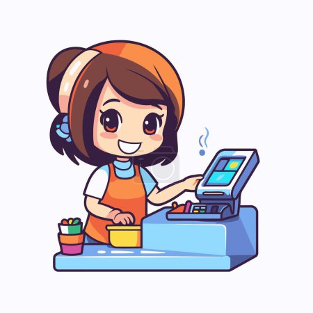 Illustration for Cute little girl paying with credit card at cash register. Vector illustration. - Royalty Free Image