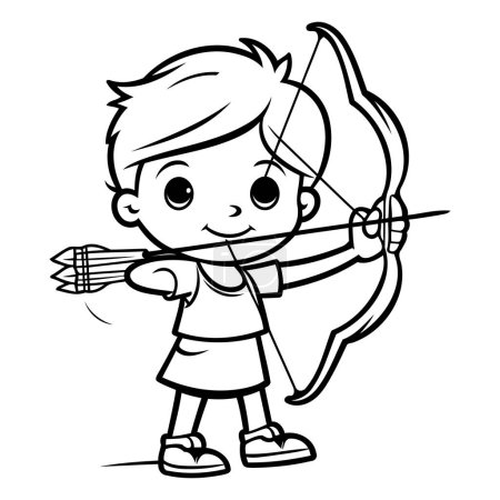 Illustration for Black and White Cartoon Illustration of Cute Boy with Bow and Arrow for Coloring Book - Royalty Free Image