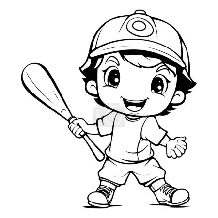 Téléchargez les illustrations : Illustration de bande dessinée en noir et blanc du personnage de joueur de baseball Little Boy pour livre à colorier - en licence libre de droit